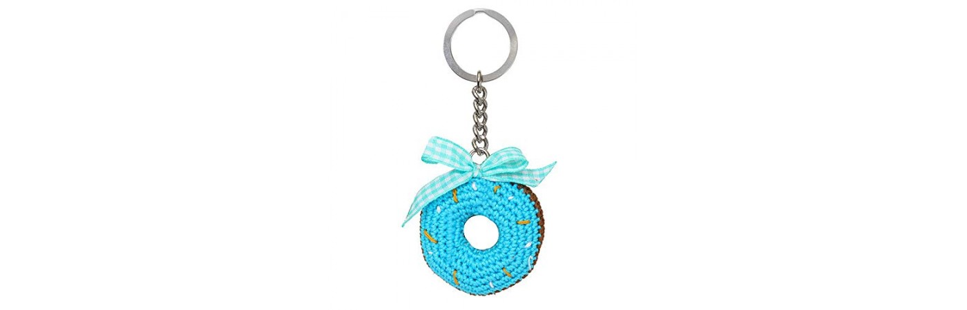 Happy Threads Blue Donut Crochet Keychain